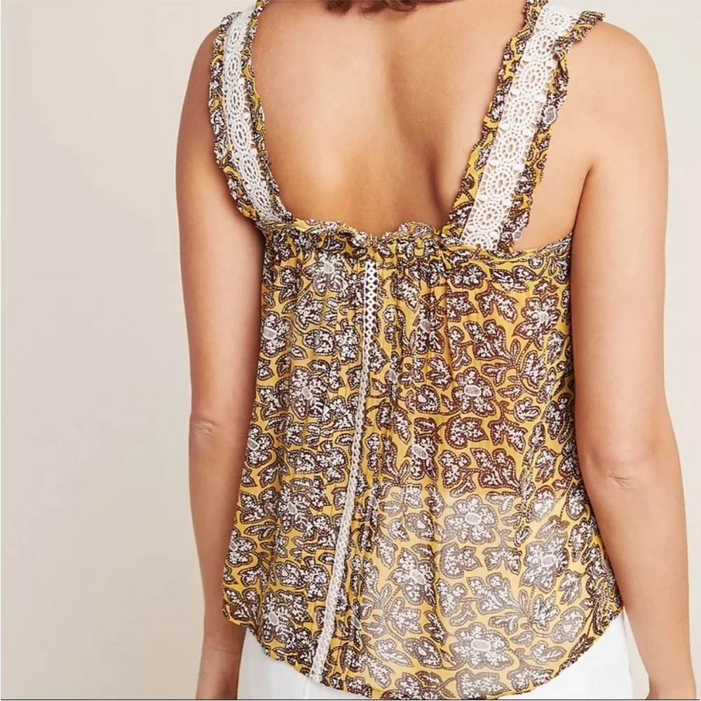 By Anthropologie Sleeveless Yellow and Brown Floral Crochet Bardot Blouse US 10 - Picture 5 of 16